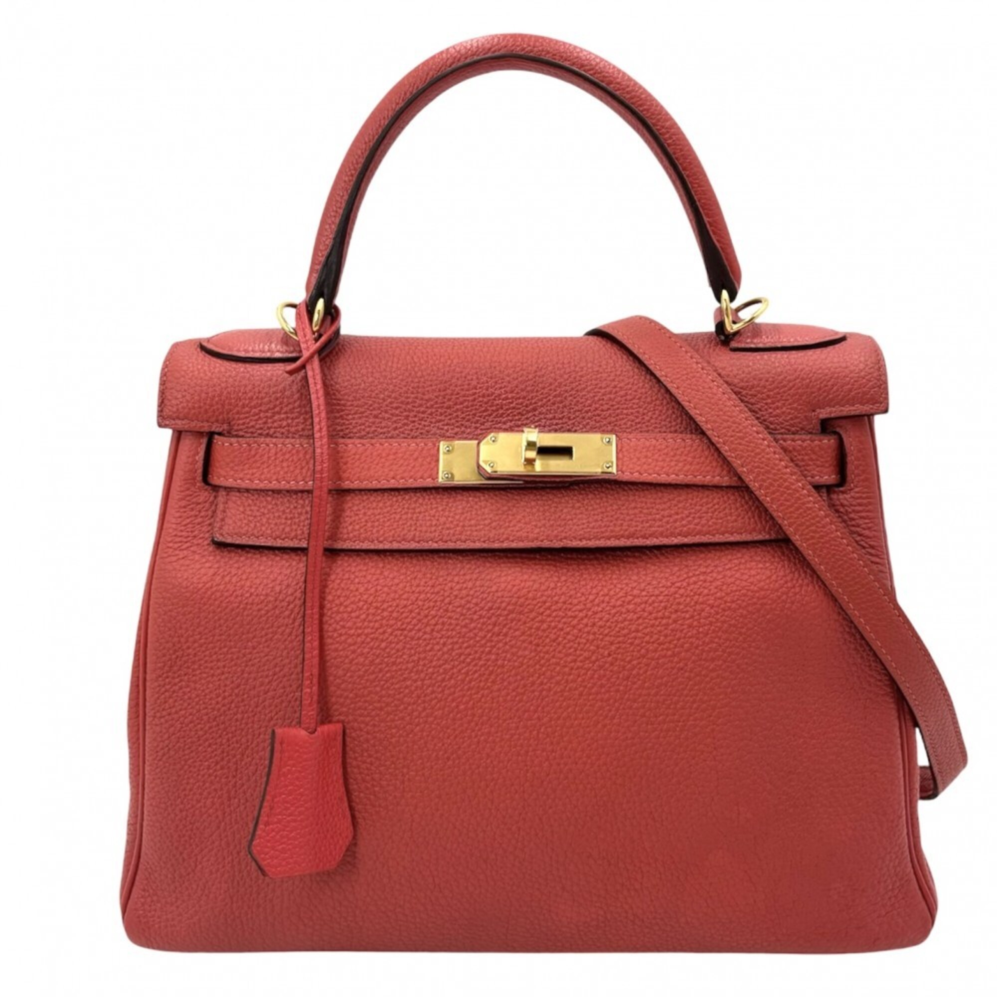 Hermes Kelly 28 Women’s Handbag, Crossbody/Shoulder Bag, Hermes □R Stamp, Taurillon Clemence Leather, Orange-Red, Gold Hardware, 2014