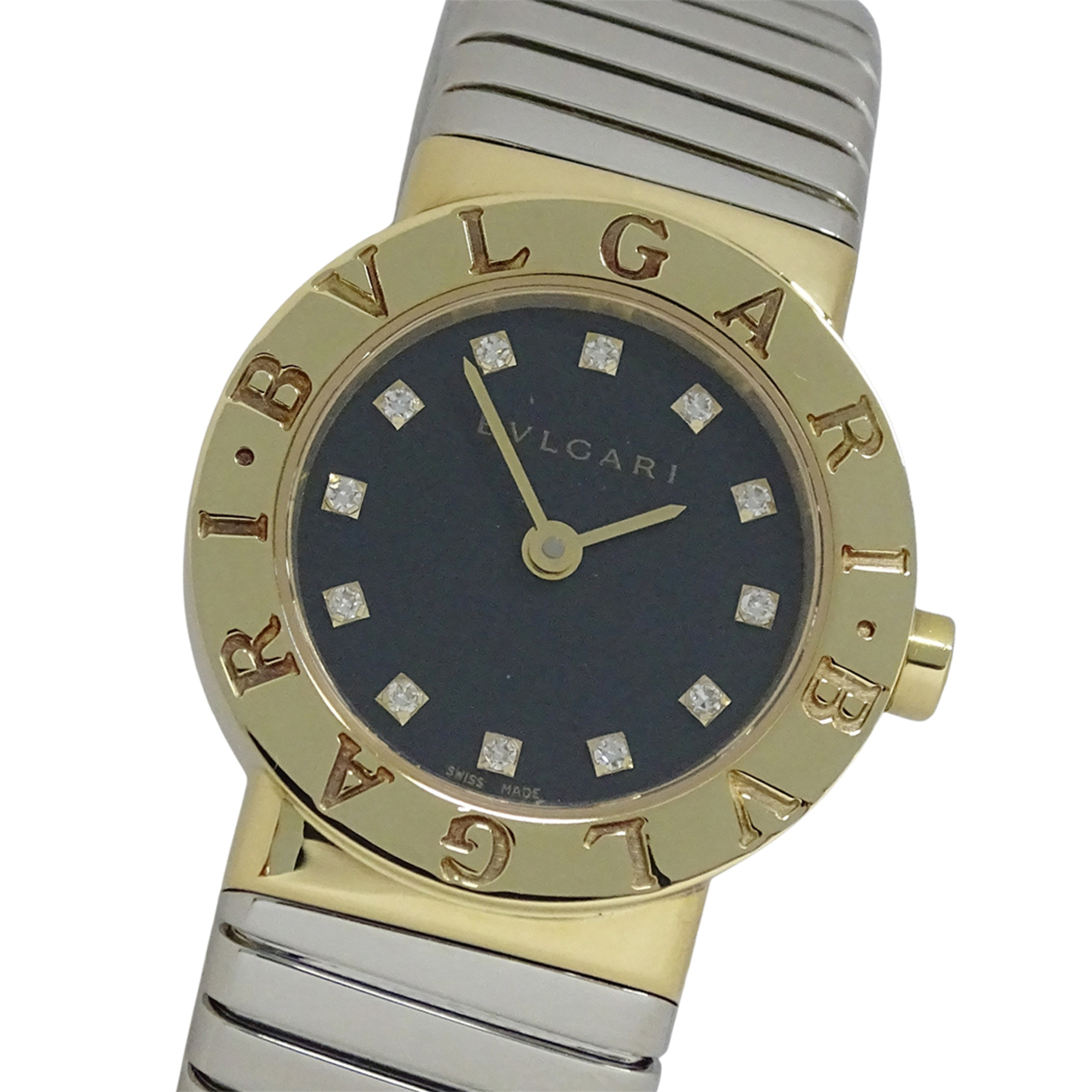 Bulgari Bvlgari Women’s Watch, Brand: Tubogas, 12-Diamond Quartz Movement, 750YG (Yellow Gold) and 18K Stainless Steel (SS), Size L, Bangle, Round. (BB232T)